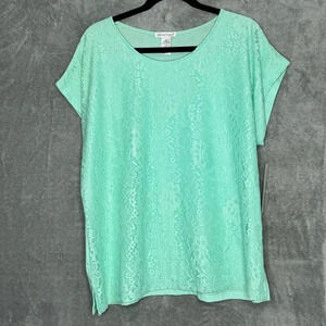 Hasting & Smith 1X‎ Shirt Top Seafoam Green Floral Short Sleeve Roundn Neck Lace